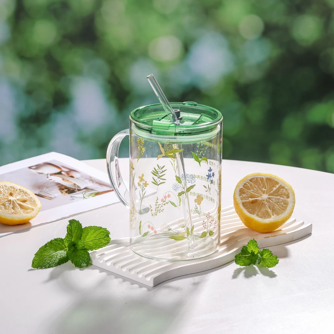 芬芳夏日高硼硅玻璃吸管大水杯1L大容量家用耐高温带把果汁牛奶杯