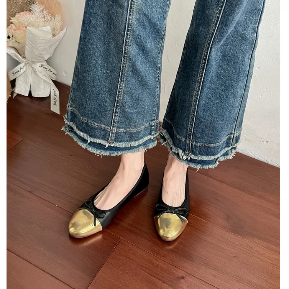 黑金小香风单鞋女2025新款夏季圆头浅口温柔蝴蝶结软底芭蕾豆豆鞋