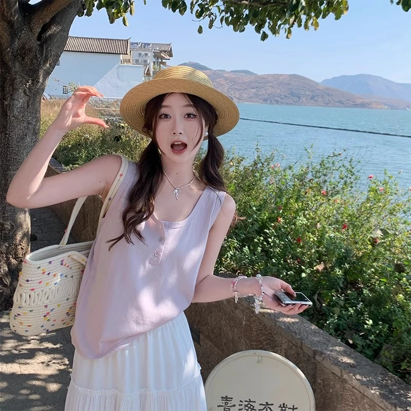 紫色纽扣吊带背心内搭女夏季外穿2025新款遮副乳无袖T恤薄款上衣