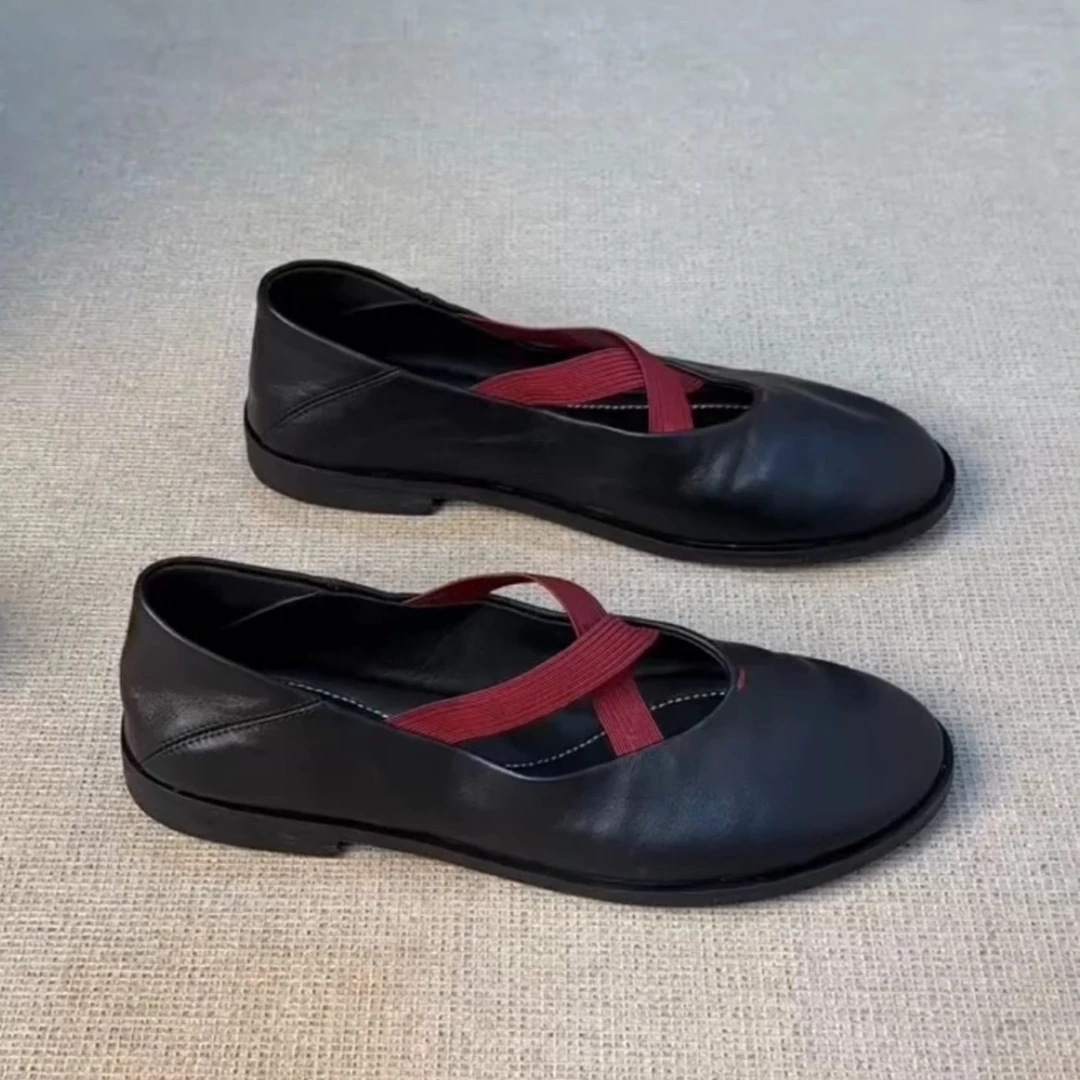 羊皮版！复古显瘦真皮圆头交叉带软底浅口单鞋平底通勤玛丽珍女鞋