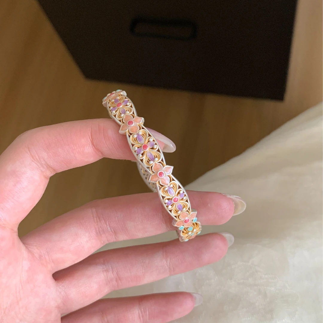 足银珐琅手镯 燕归yangui“紫薇玉露”足银999.9手工古法手镯 21.5g