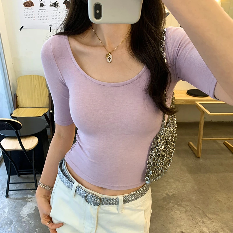 纯欲辣妹修身打底衫低领短袖T恤女夏季2025新款修身性感短款上衣