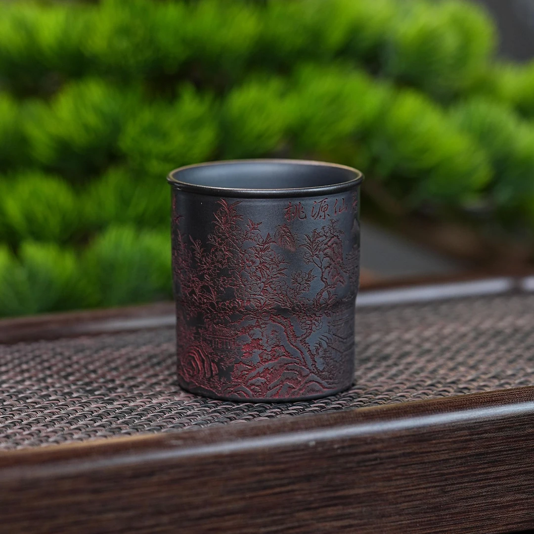 石黄泥手工刻绘山水紫砂主人杯品茗杯茶具杯335