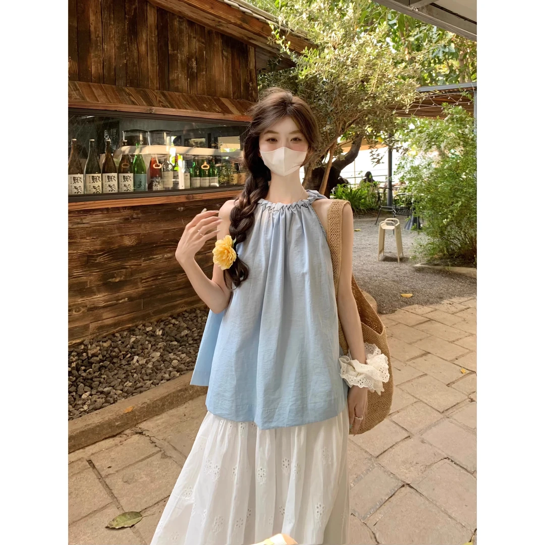 蓝色百搭挂脖露肩衬衫女夏季款多巴胺宽松娃娃衫小个子无袖上衣