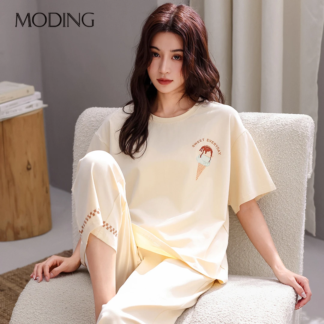 MODING/茉町夏季女士宽松款睡衣休闲九分裤舒适可外穿家居服套装