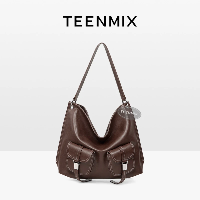 天美意包包女2025新款雅丹风牛皮水桶包托特包单肩斜挎包手提包潮