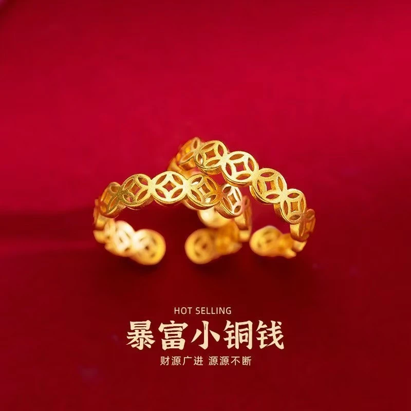 合金戒指  高仿24k镀金戒指复古民族风钱币爱心指环女款气质时尚