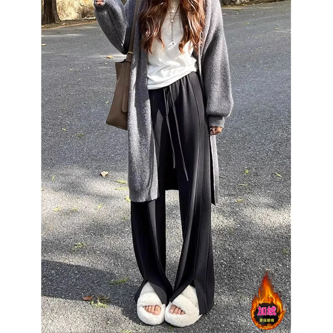 慵懒风秋冬加绒加厚糯米裤女款高腰显瘦大码胖mm垂感直筒阔腿裤子