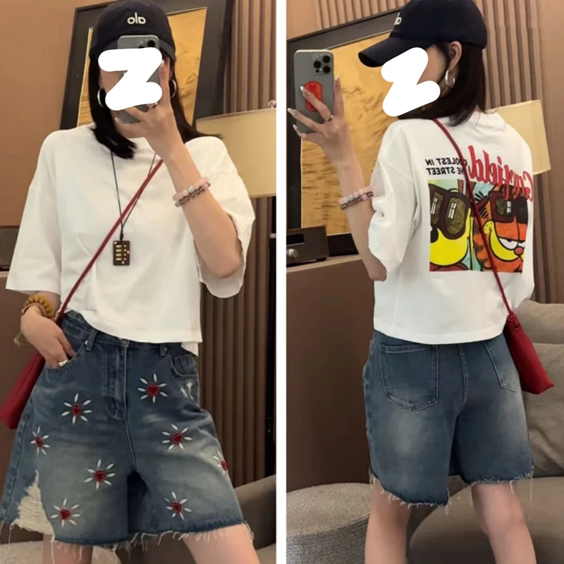 美式嘻哈趣味印花T恤女2025夏季短款时尚百搭打底衫圆领宽松上衣