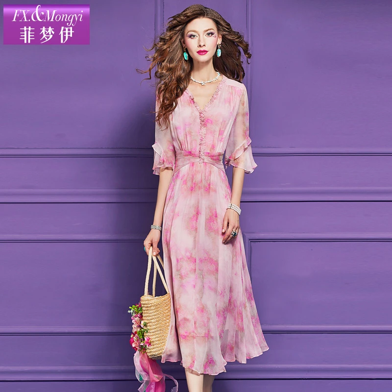 菲梦伊100桑蚕丝钉珠印花连衣裙女夏装法式甜美真丝长裙子65735