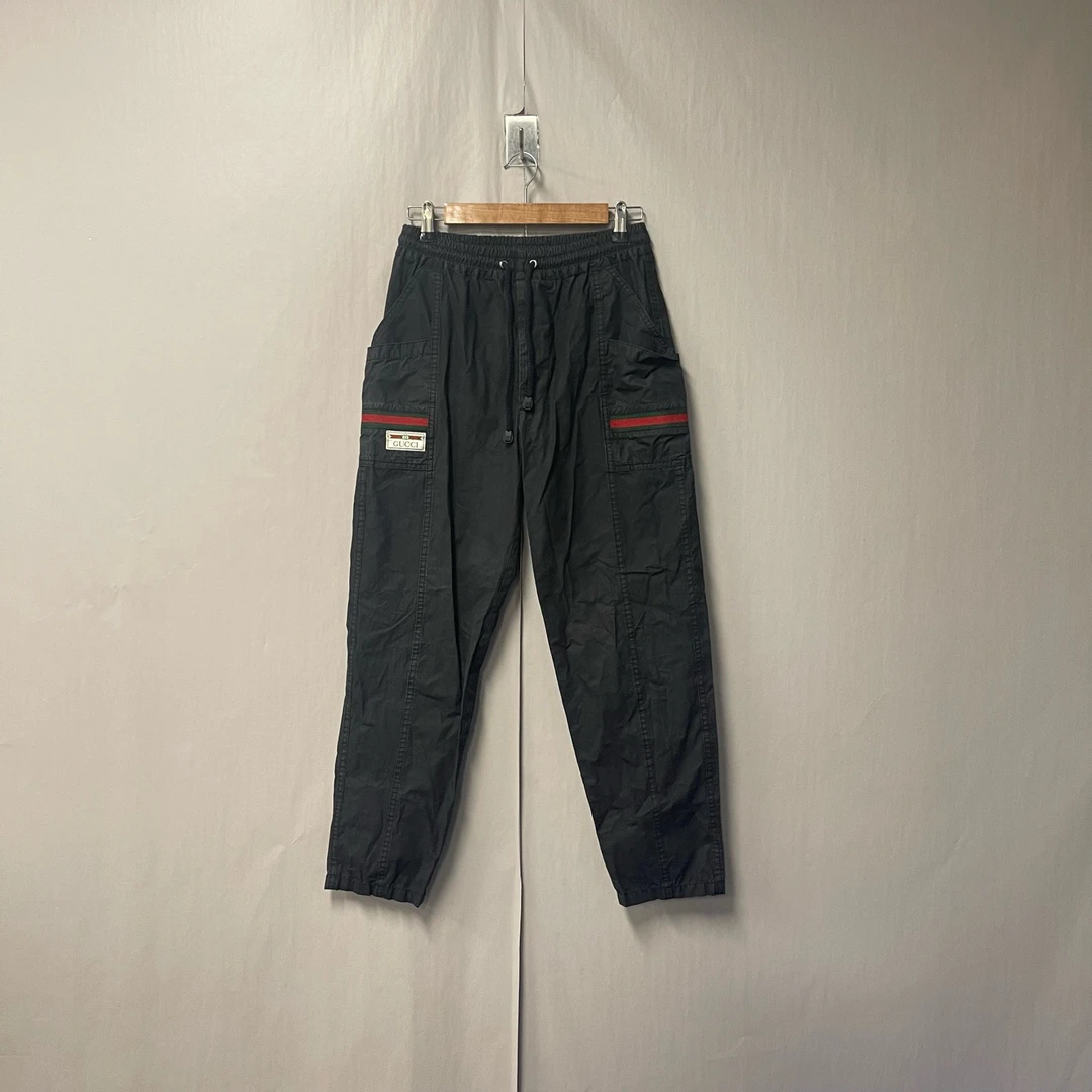 99新 GUCCI/古驰 经典红绿条纹黑色长裤 44码 #8308