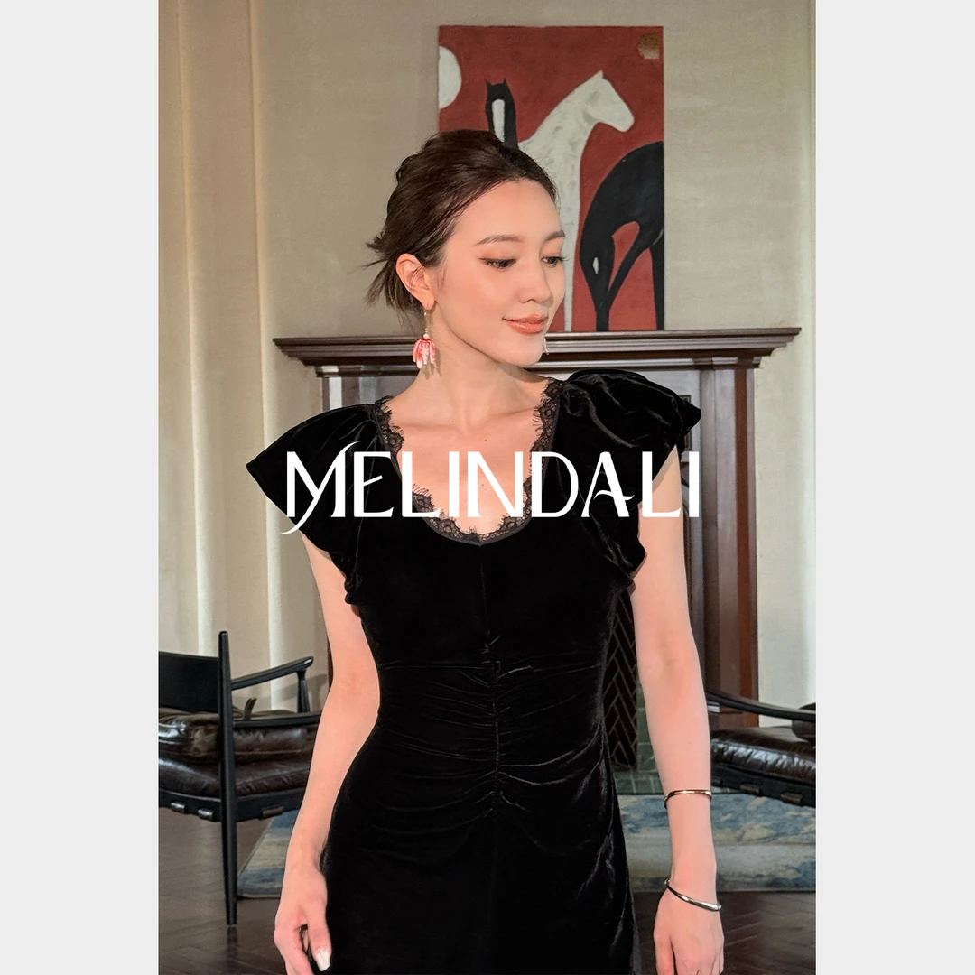 Melinda Li【古董美人】重磅100真丝丝绒睫毛蕾丝抽褶收腰连衣裙