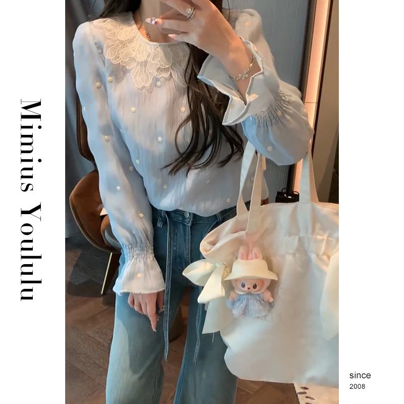 【mimius】&七七  圆领蕾丝拼接钉珠衬衫 G02094