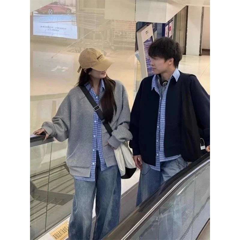 美式复古假两件卫衣开衫男款秋季格子拼接cleanfit慵懒风情侣外套