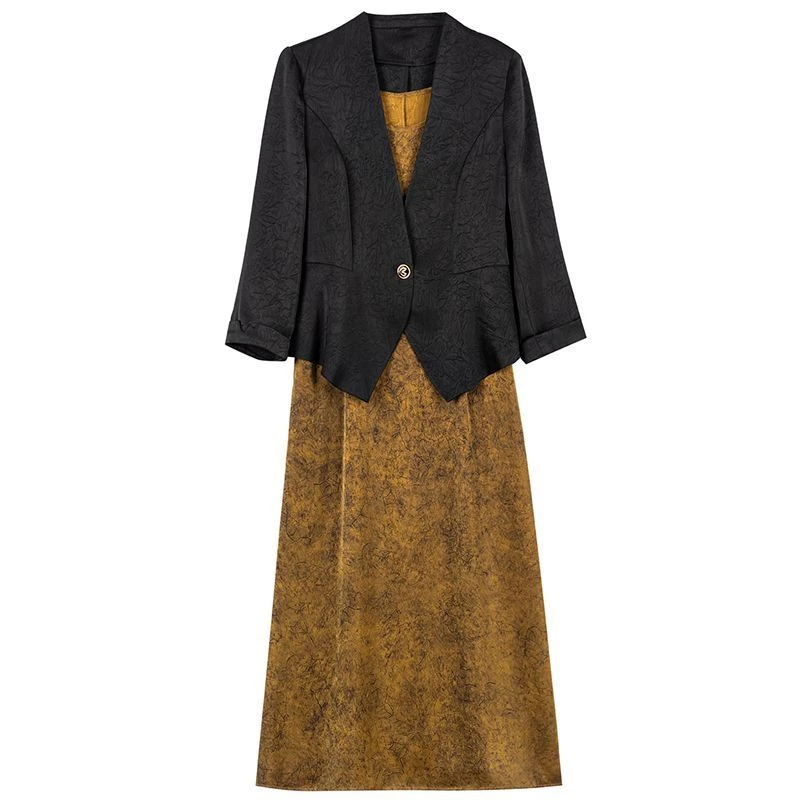 嘉露莎夏季新款妈妈装西服吊带裙两件套高级缎面吊带打底连衣裙