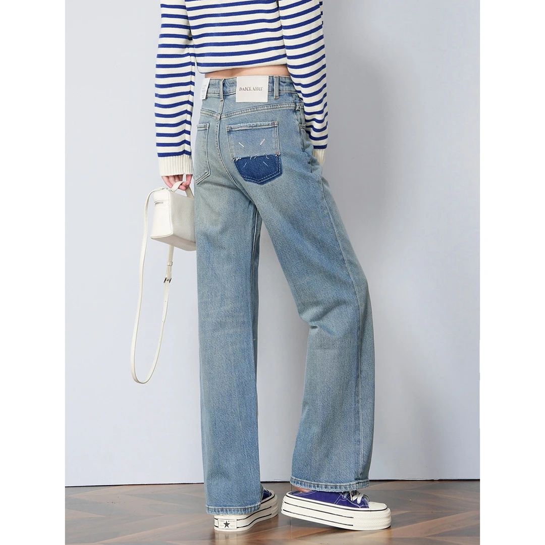 小个子窄版阔腿裤代嘉儿牛仔裤女2025春新款95608拼色四条线口袋