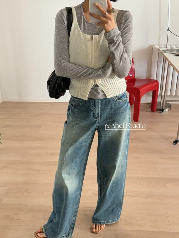 a hei· 水洗蓝阔腿直筒牛夏裤