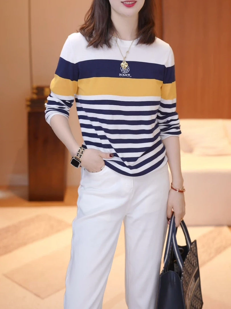 天丝+桑蚕丝气质减龄休闲百搭条纹针织衫女宽松显瘦长袖打底上衣