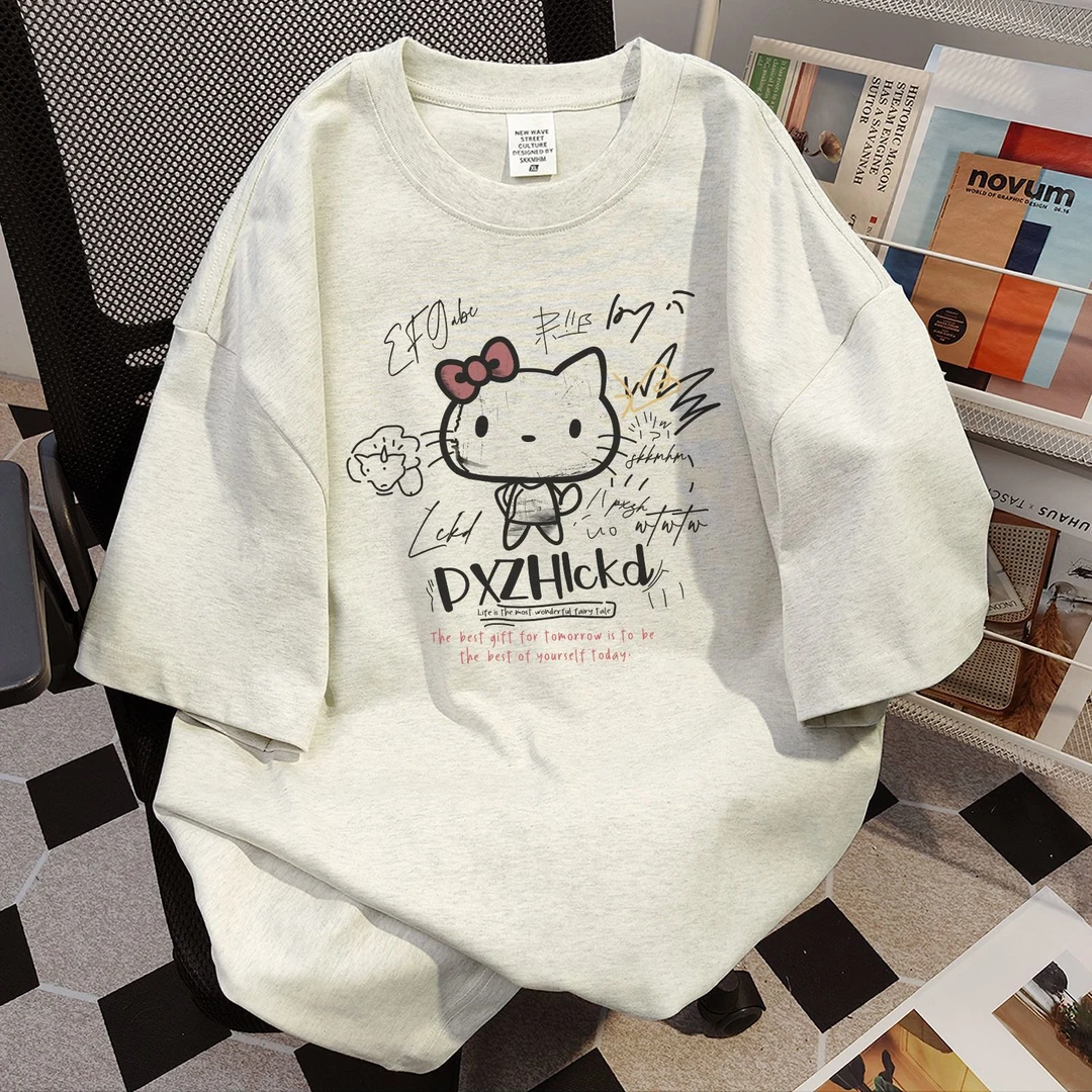100%纯棉小众卡通字母印花短袖美式复古中长款t恤女夏季宽松上衣