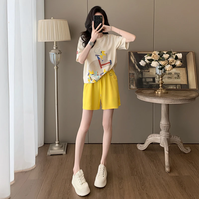 2025夏季新款休闲运动套装时尚女装韩版杏色短袖黄色短裤两件套潮
