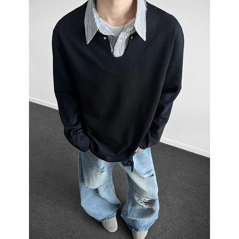 miu系格纹拼接撞色polo领卫衣男女秋季宽松翻领假两件长袖套头衫