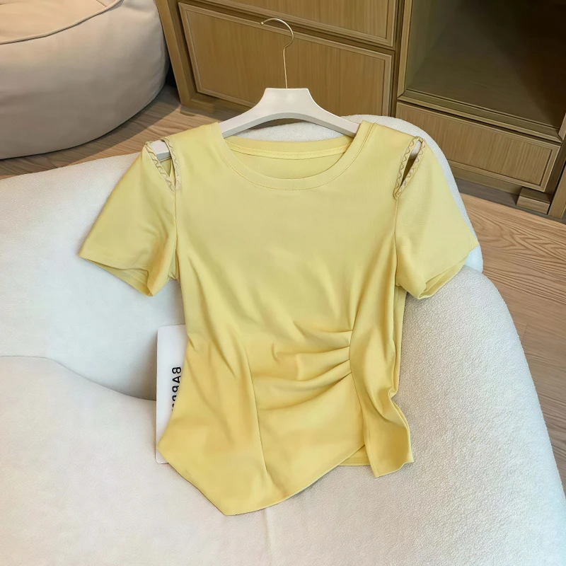 高含棉设计感褶皱露肩短袖t恤女2025夏季新款修身显瘦不规则上衣