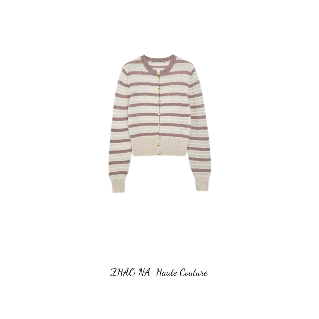 【赵娜】复古条纹金扣针织开衫丨赵娜极简风高端女装
