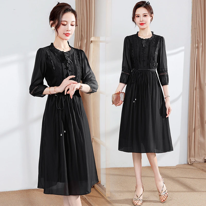 拉链不褪色中裙连衣裙长袖显瘦秋季碎花提花春季秋冬带刺网红