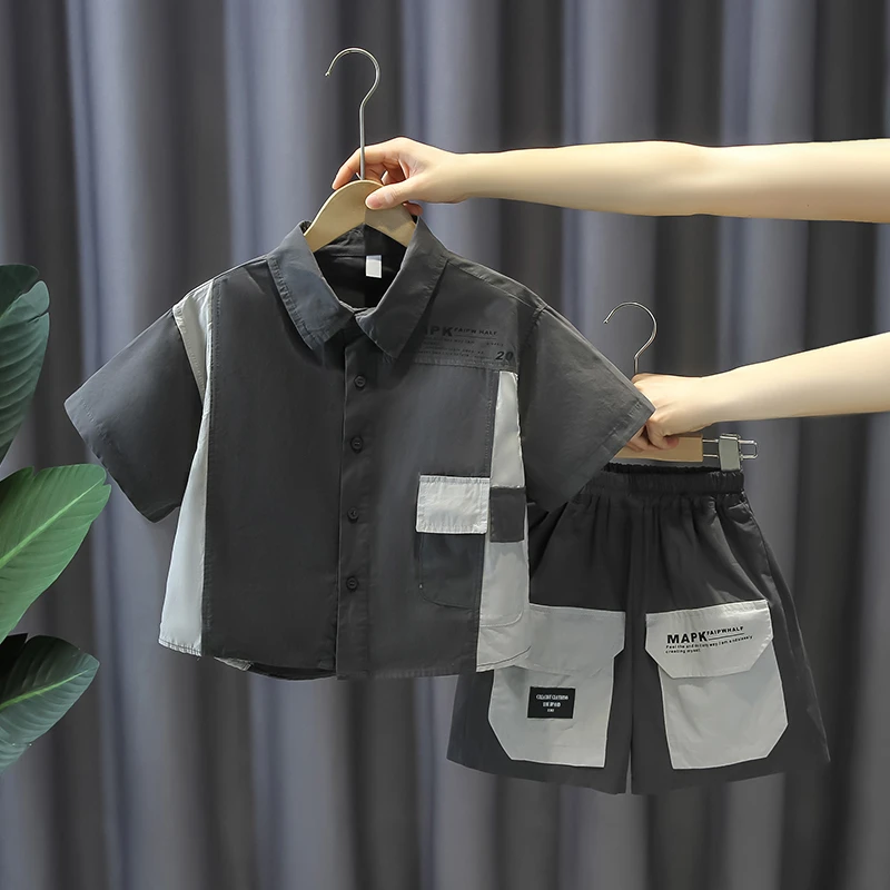 儿童夏装短袖衬衫套装洋气男童时髦炸街潮童装宝宝夏季酷帅两件套