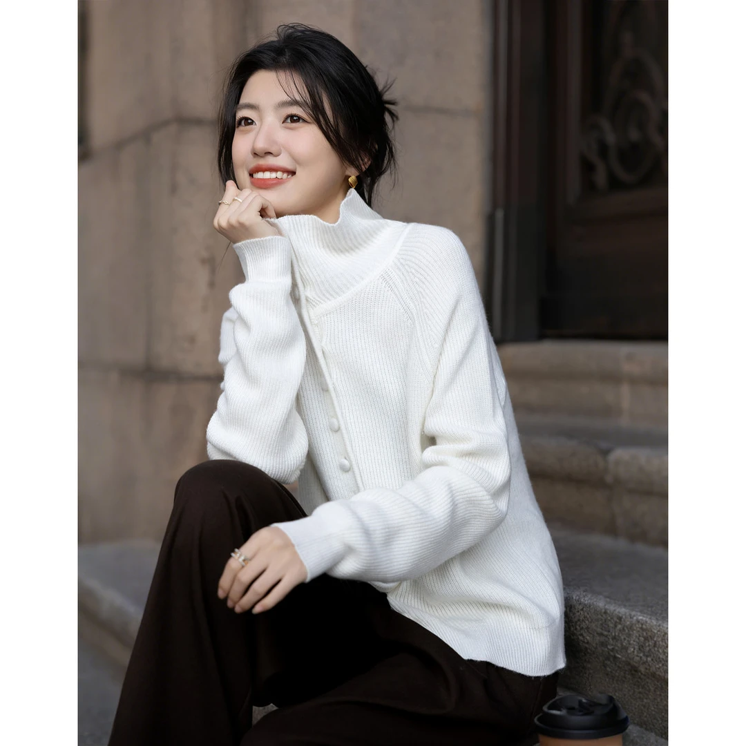 dme德玛纳冬季立翻两穿领包扣开衫简约慵懒宽松针织衫女上衣