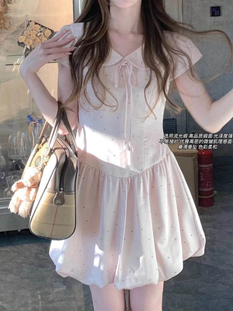 粉色娃娃领波点连衣裙子女2025夏季新款法式掐腰绝美气质花苞短裙