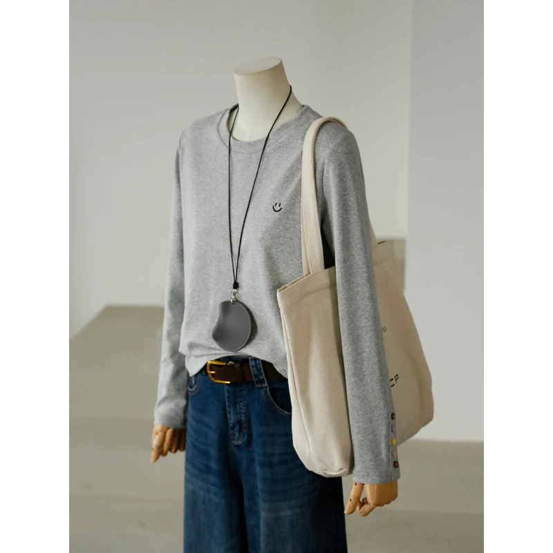 笑脸打底衫女袖扣圆领气质弹力显瘦休闲百搭韩版简约秋季长袖T恤