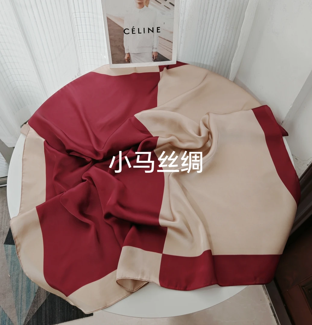 【.酒红拼色.】新款90*90左右方巾丽锦缎丝巾
