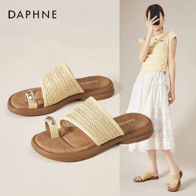 Daphne/达芙妮编织镂空凉拖鞋女夏季外穿爆款方头时尚套趾拖鞋