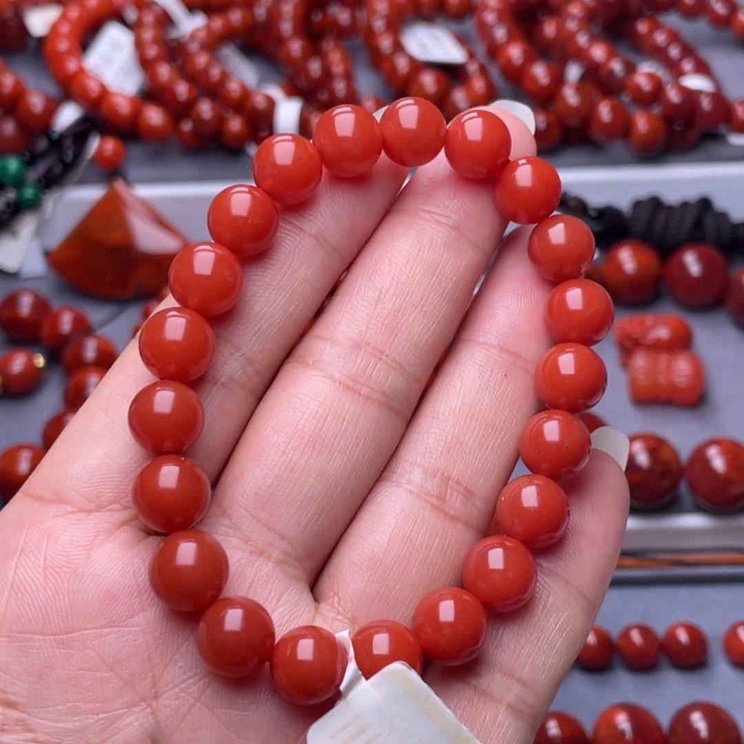 南红玛瑙未镶嵌配珠9.3mm宝山滴水洞樱桃红圆珠手串