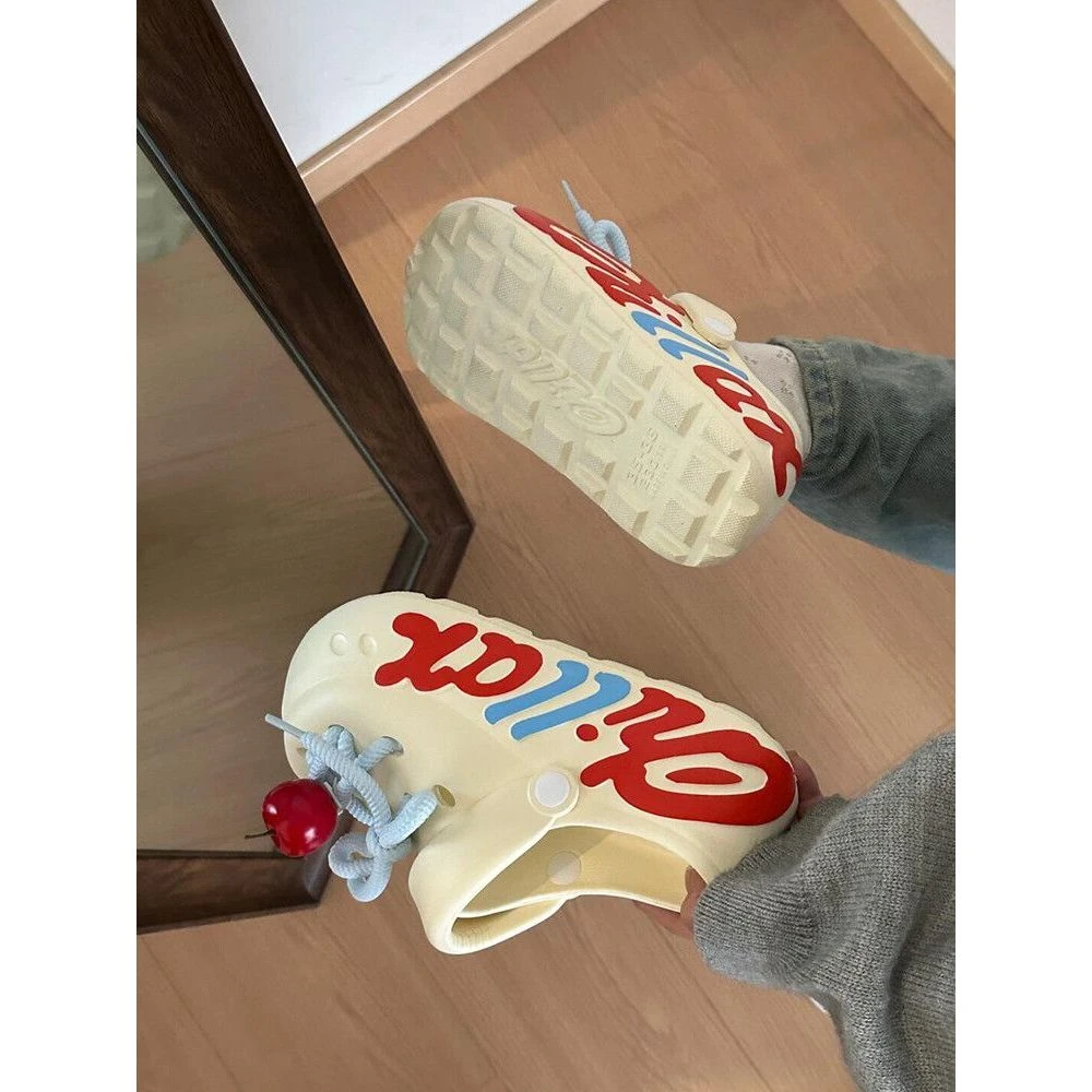 卡通可爱小苹果鞋带描漆包头拖外穿女鞋2025夏新款爆款时尚百搭学