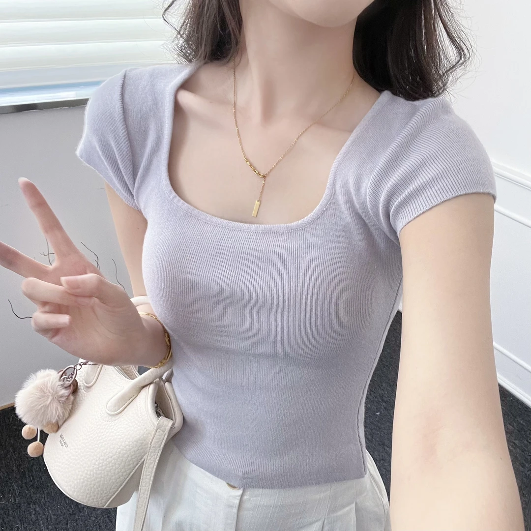 方U领法式冰丝夏季正肩方领气质设计感女修身显瘦针织上衣#3016