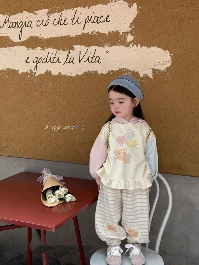 女童杏色卡通上衣粉色卡通卫裤（CXQ-5062+5136-秋A）汉服