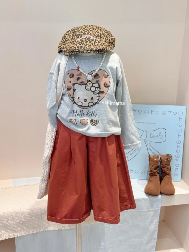女童秋装新款卡通Kt圆领T恤阔腿裤两件套儿童洋气卫衣裤子童装