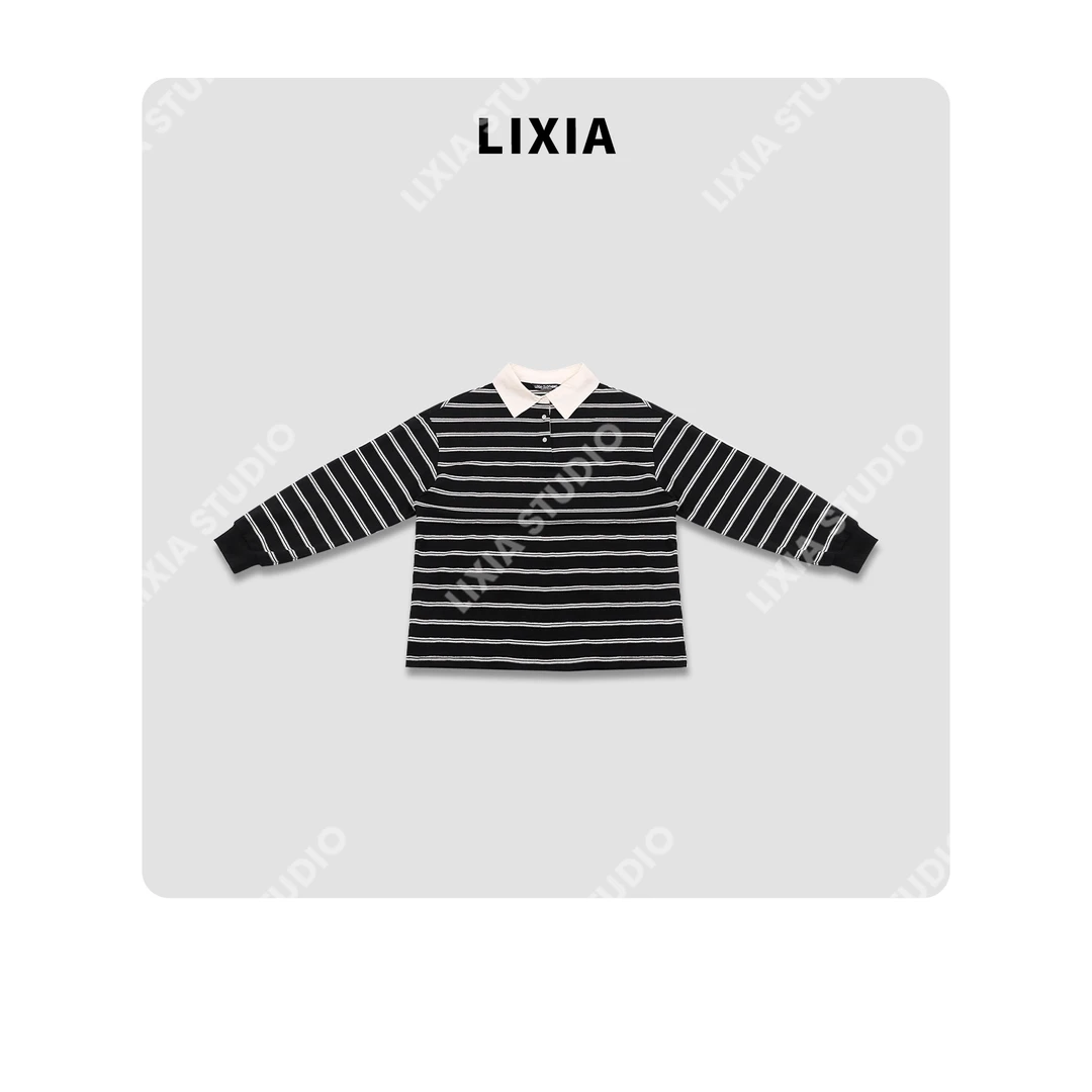 LIXIA【精致条纹】时尚潮流INS风横细条纹翻领衬衫-D8719