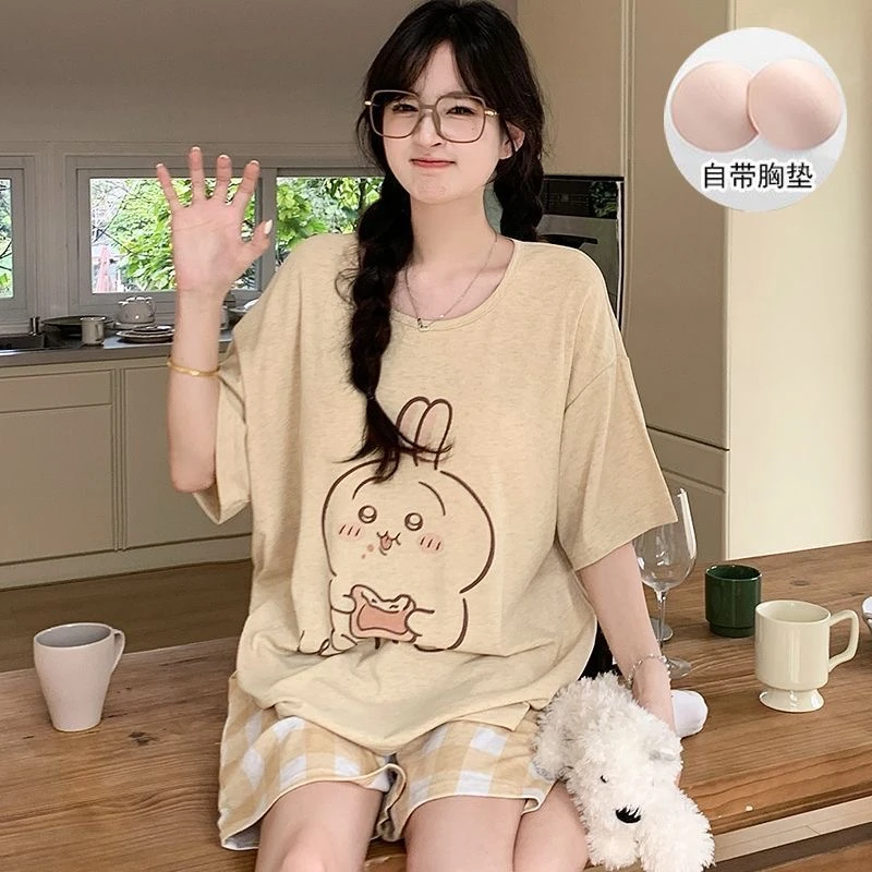 凉感带胸垫小红书同款夏季套装短袖可外穿两件套短裤宿舍睡衣女款