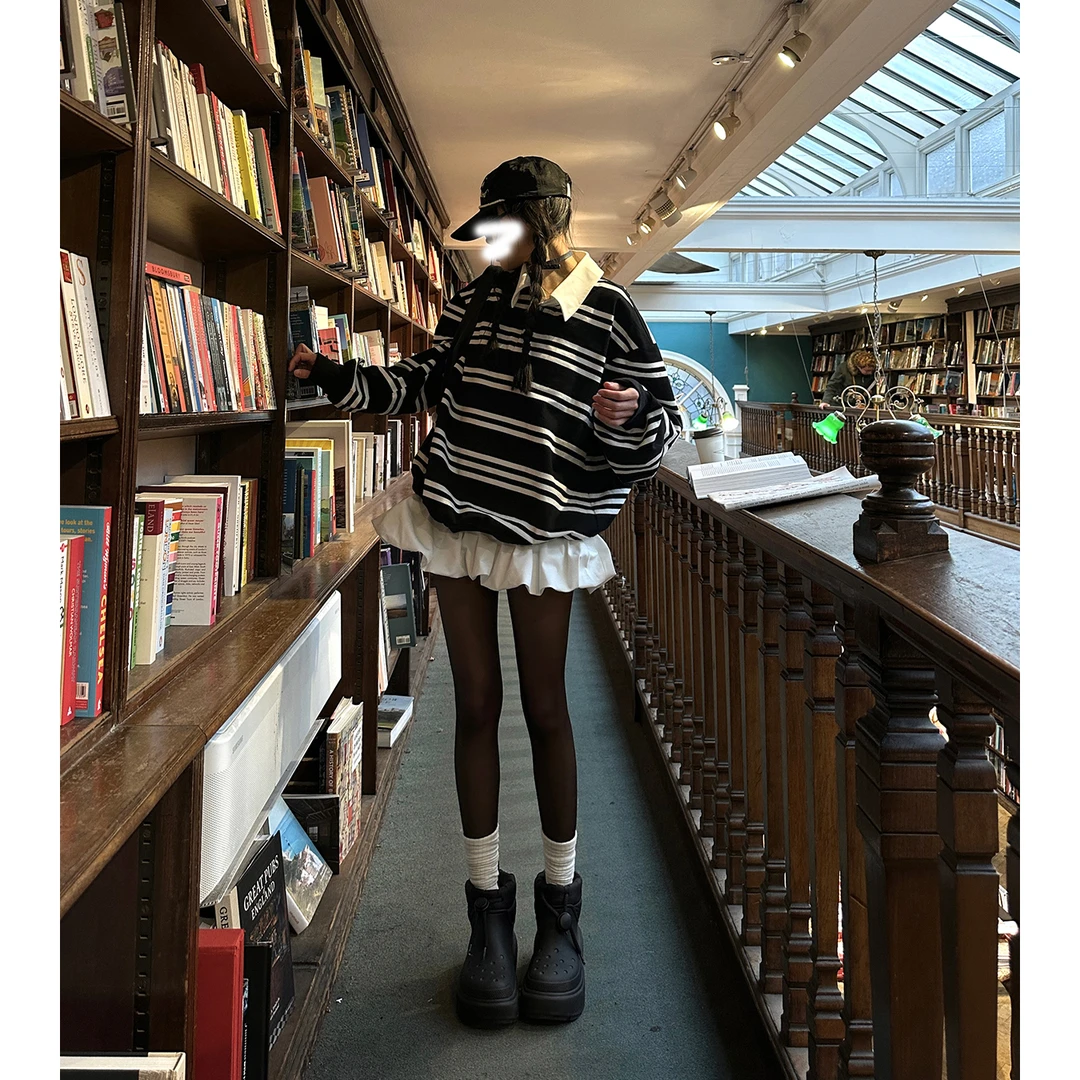 条纹长袖T恤女显瘦休闲polo领内搭软心泡芙白色高腰花苞裙女套装