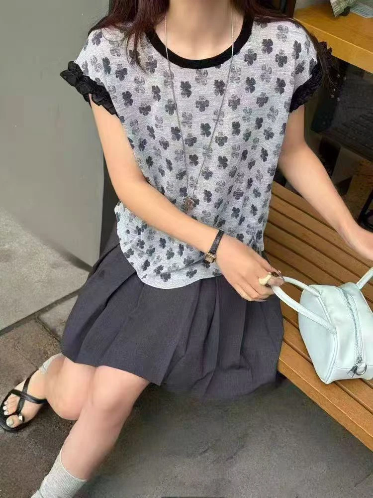 韩版chic风洋气T恤拼接短袖宽松型显瘦常规圆领夏季2309