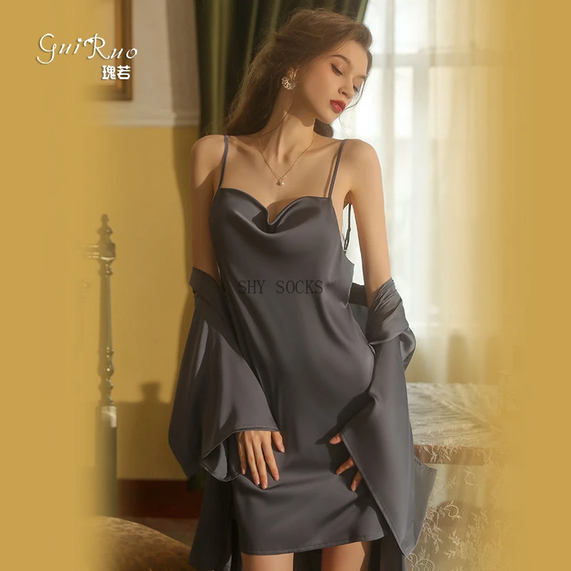 SHYSHOP露背深V开叉吊带睡裙家居服纯色外袍套装私房舒适网红纯欲