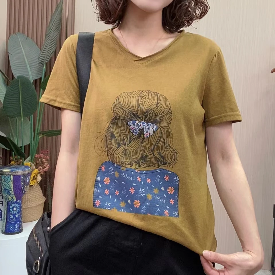 （美人背）夏装新款v领短袖印花洋气休闲百搭遮肉大码T恤上衣反季