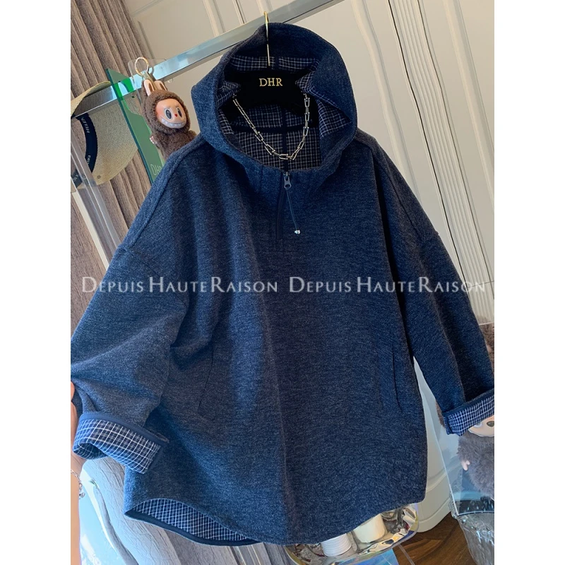 美式300斤加大码格子拼色连帽外套2025秋季男女复古休闲套头卫衣