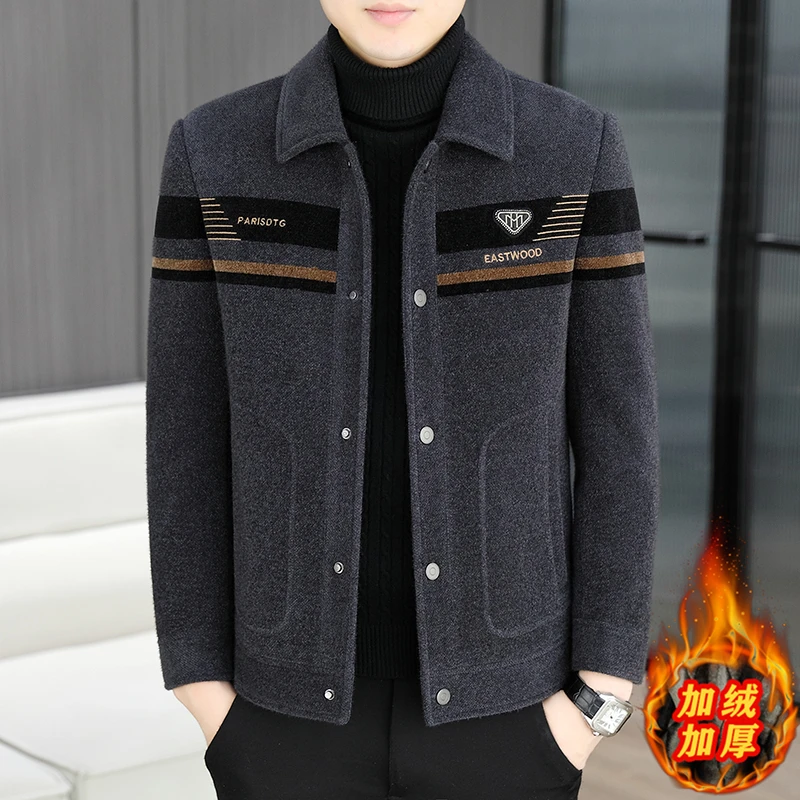 男士秋冬新款翻领高档毛呢大衣休闲百搭短款加绒加厚呢子夹克外套