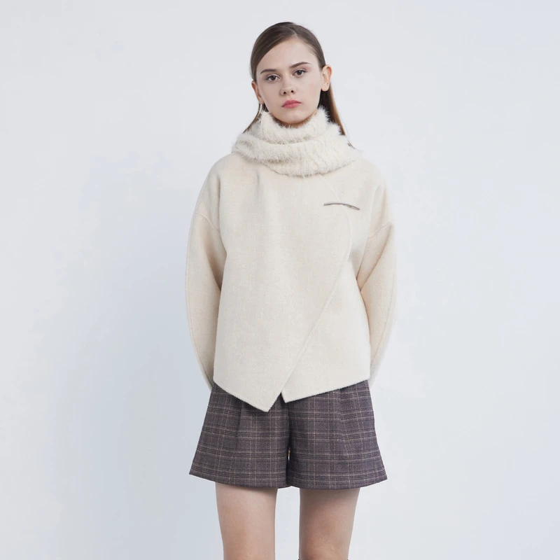 圣迪奥女装秋冬时尚针织领气质双面休闲毛呢外套S21482211