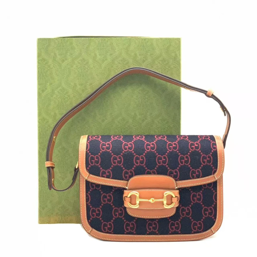 99新 GUCCI/古驰 焦糖色毛呢小号1955马鞍包