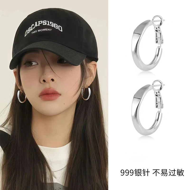 足银耳饰 999银针圆圈耳环女时尚个性耳圈小众ins设计感百搭素圈